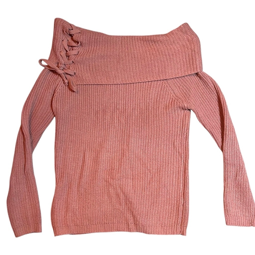 Women’s Pink Off-Shoulder Sweater with Lace-up Detail